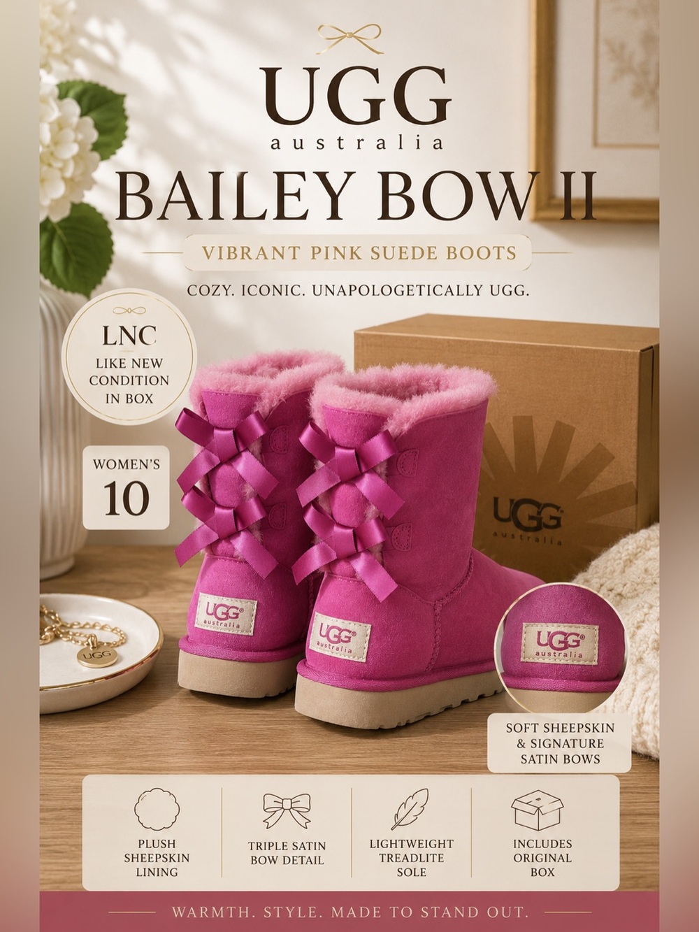 UGG Australia Bailey Bow II Boot Vibrant Pink Suede Sheepskin Boots Women’s 10